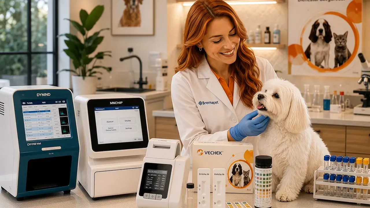 Médica veterinaria revisando a un perro sobre la mesa de exploración