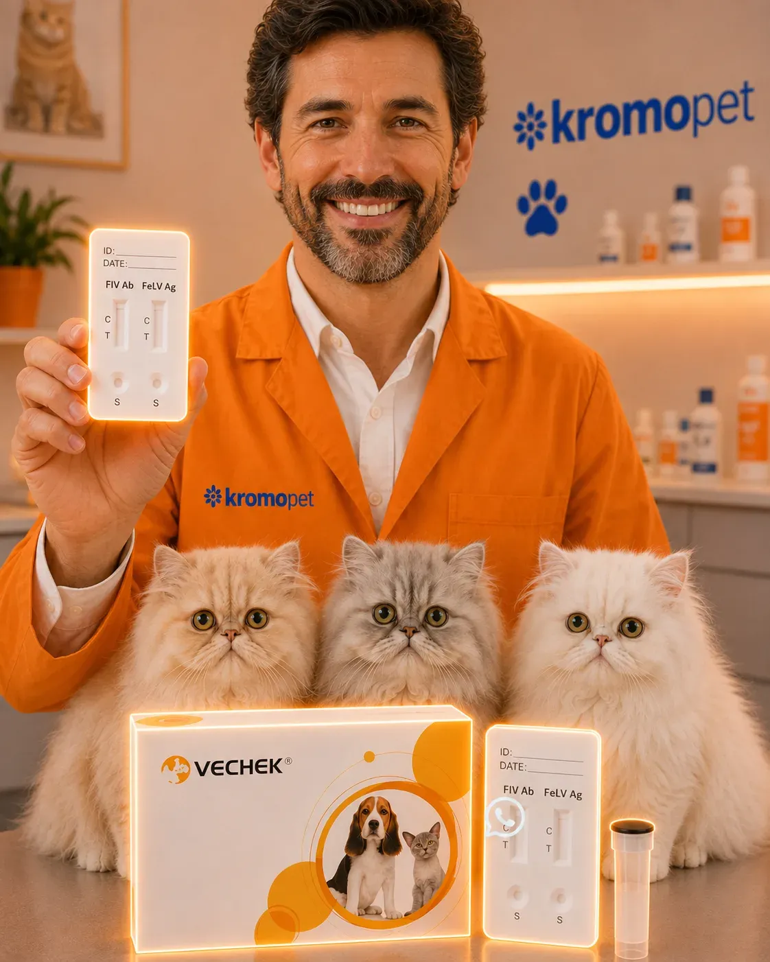 Médico veterinario mostrando la prueba rápida FIV Ab + FeLV Ag junto a tres gatos persas