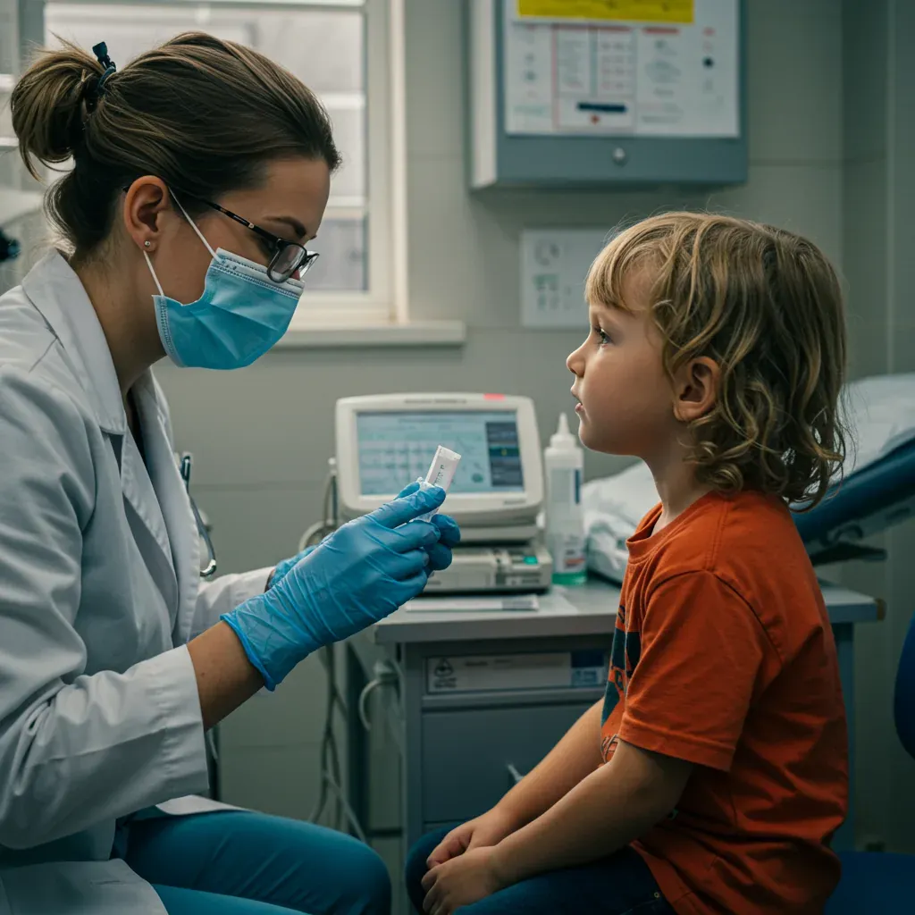 Profesional de la salud tomando una muestra a un niño en consultorio