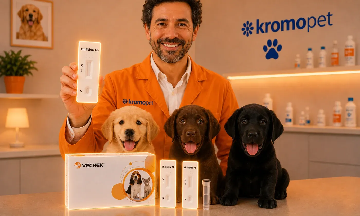 Prueba rápida Ehrlichia Ab sostenida por un médico veterinario