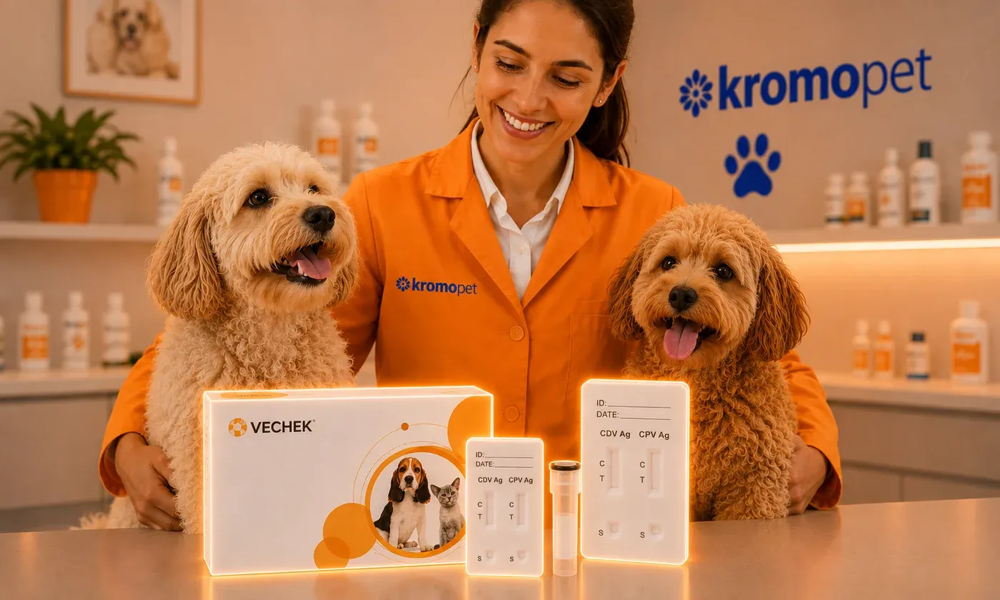 Prueba rápida CDV Ag + CPV Ag junto a dos perros en consulta veterinaria
