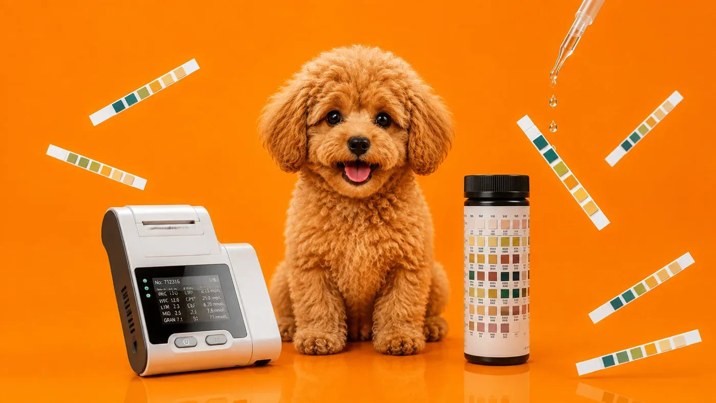 Equipo de uroanálisis veterinario con frasco de tiras reactivas