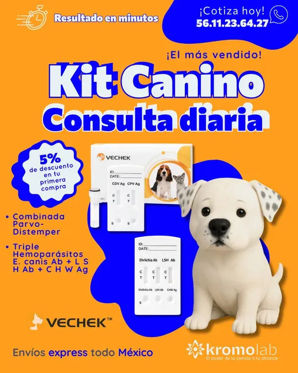 Kit Canino de consulta diaria VECHEK: combinada parvo-distemper y triple de hemoparásitos E. canis Ab, LSH Ab y CHW Ag