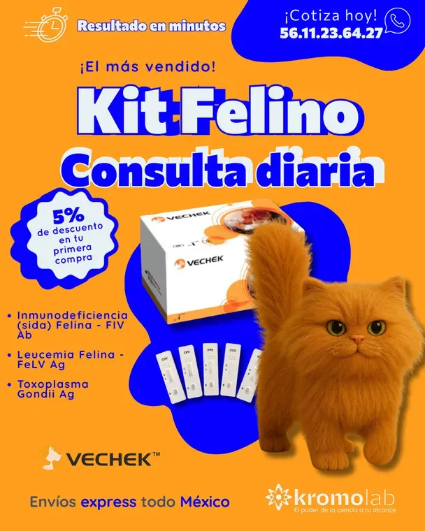 Kit Felino de consulta diaria VECHEK: inmunodeficiencia felina FIV Ab, leucemia felina FeLV Ag y Toxoplasma gondii Ag